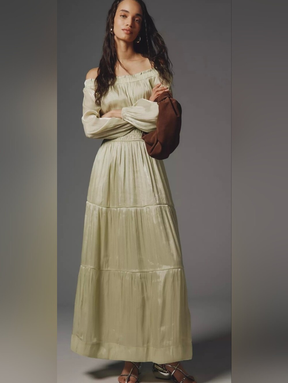 Anthropologie Somerset Pale Green Off-Shoulder Maxi Dress